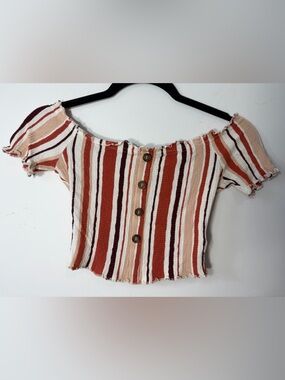 Love Tree Striped Ribbed Button Crop Top in Rust, Blush & Burgundy